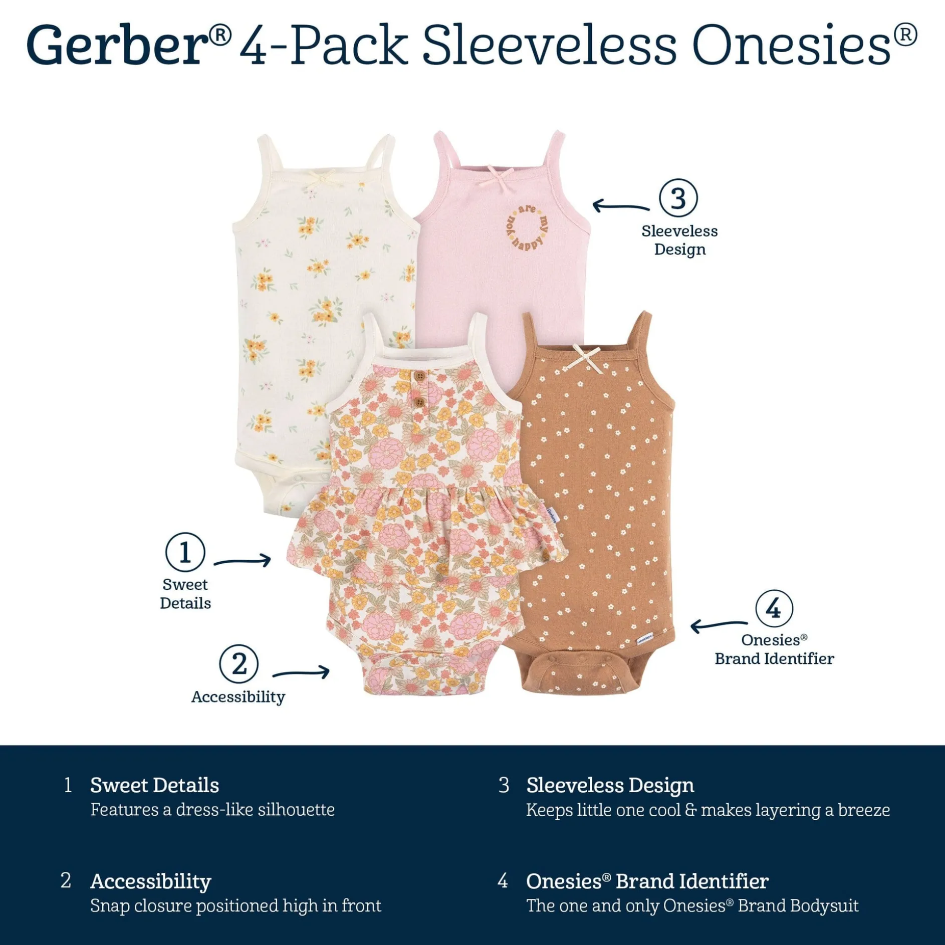 4-Pack Baby Girls Retro Floral Sleeveless Onesies® Bodysuits
