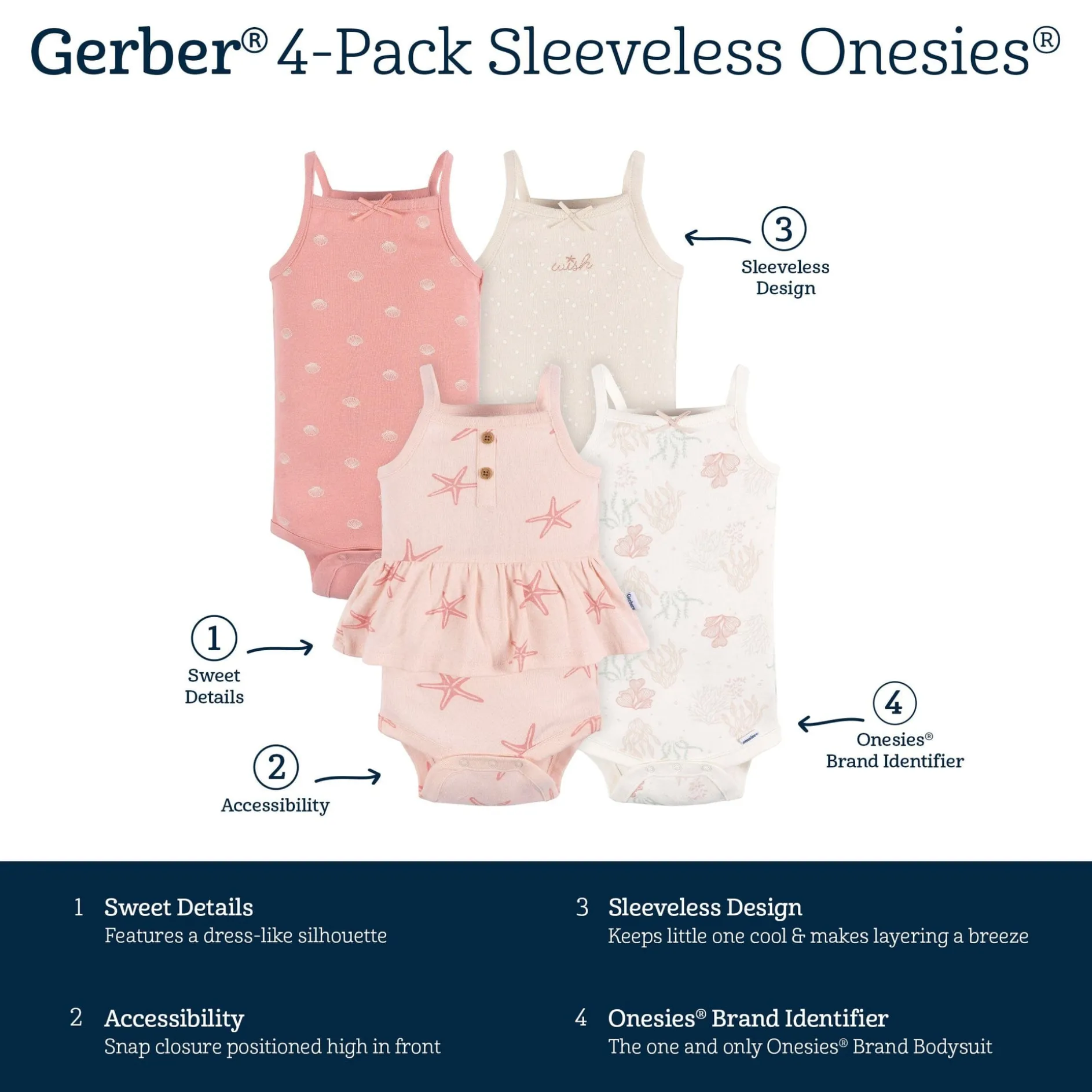 4-Pack Baby Girls Starfish Sleeveless Onesies® Bodysuits