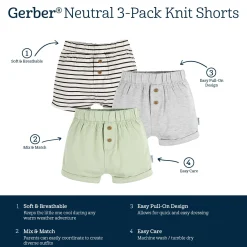3-Pack Baby Neutral Black Stripe, Light Grey Heather, & Green Knit Shorts