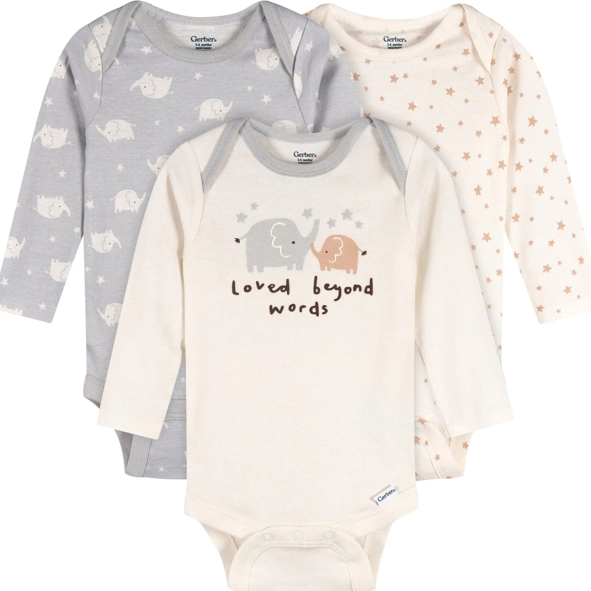3-Pack Baby Neutral Elephant Love Long Sleeve Onesies® Bodysuits