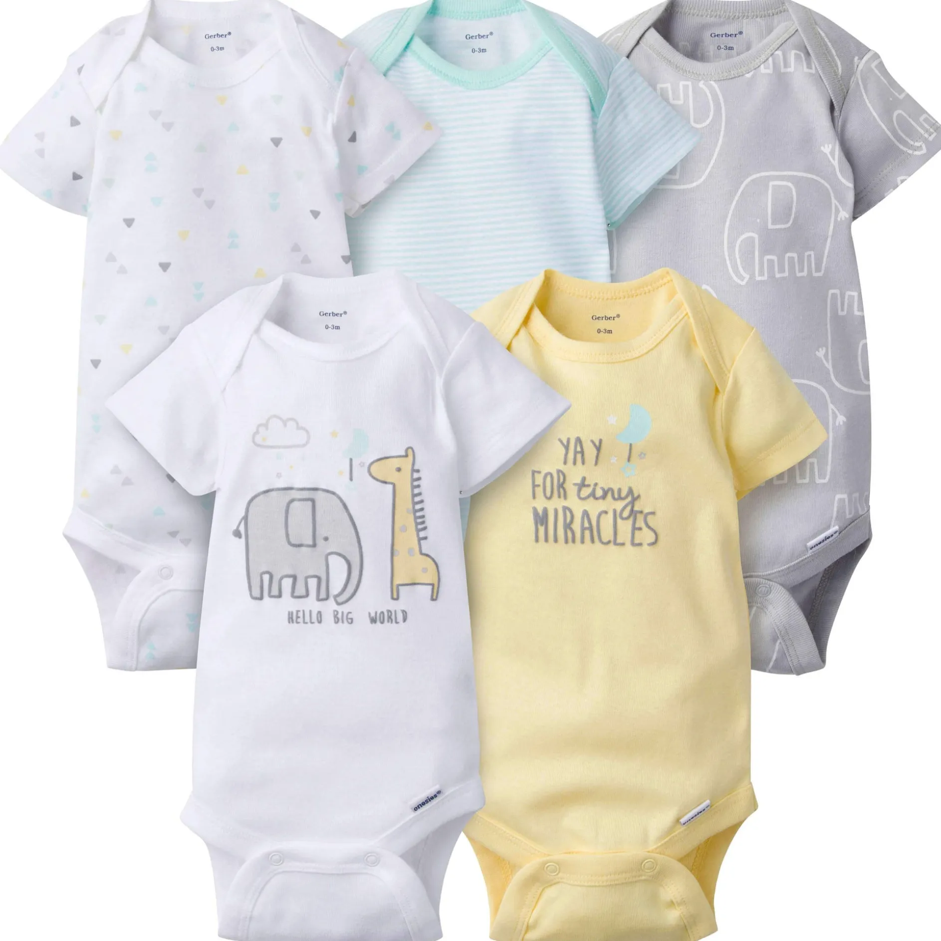 5-Pack Baby Neutral Elephant Short Sleeve Onesies® Bodysuits