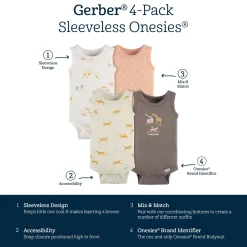 4-Pack Baby Neutral Ivory Safari Sleeveless Onesies® Bodysuits