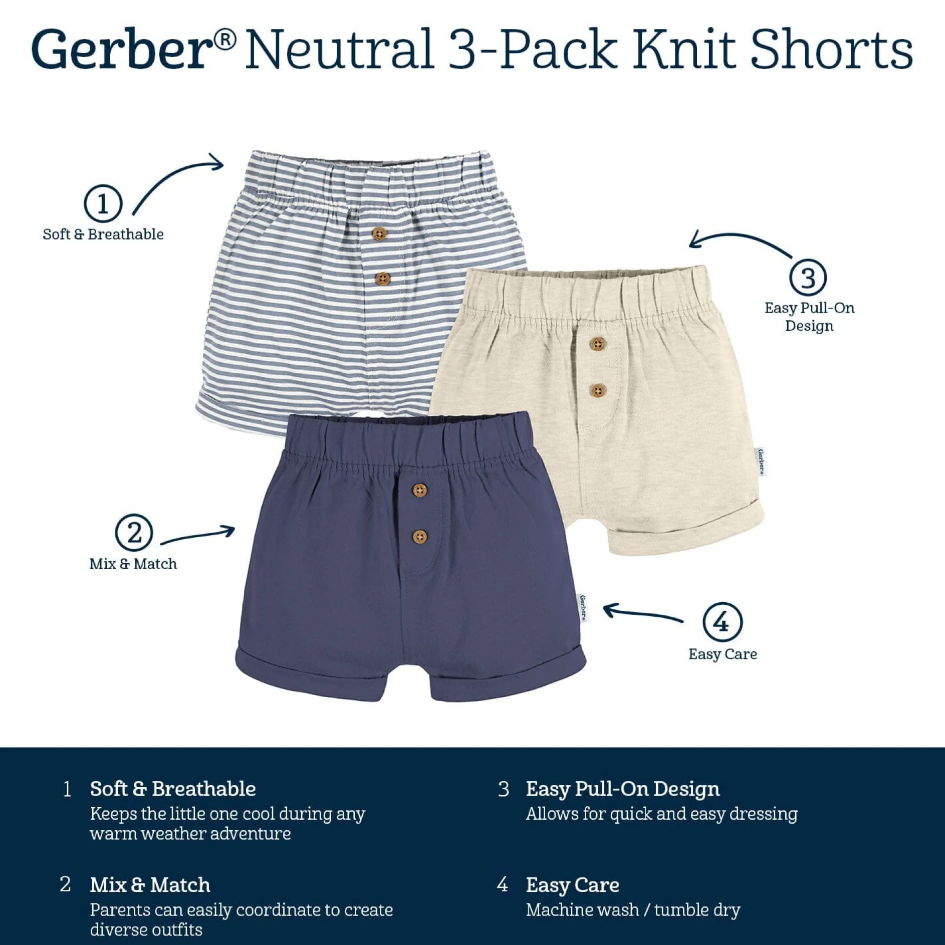 3-Pack Baby Neutral Navy Stripe, Oatmeal, & Navy Knit Shorts