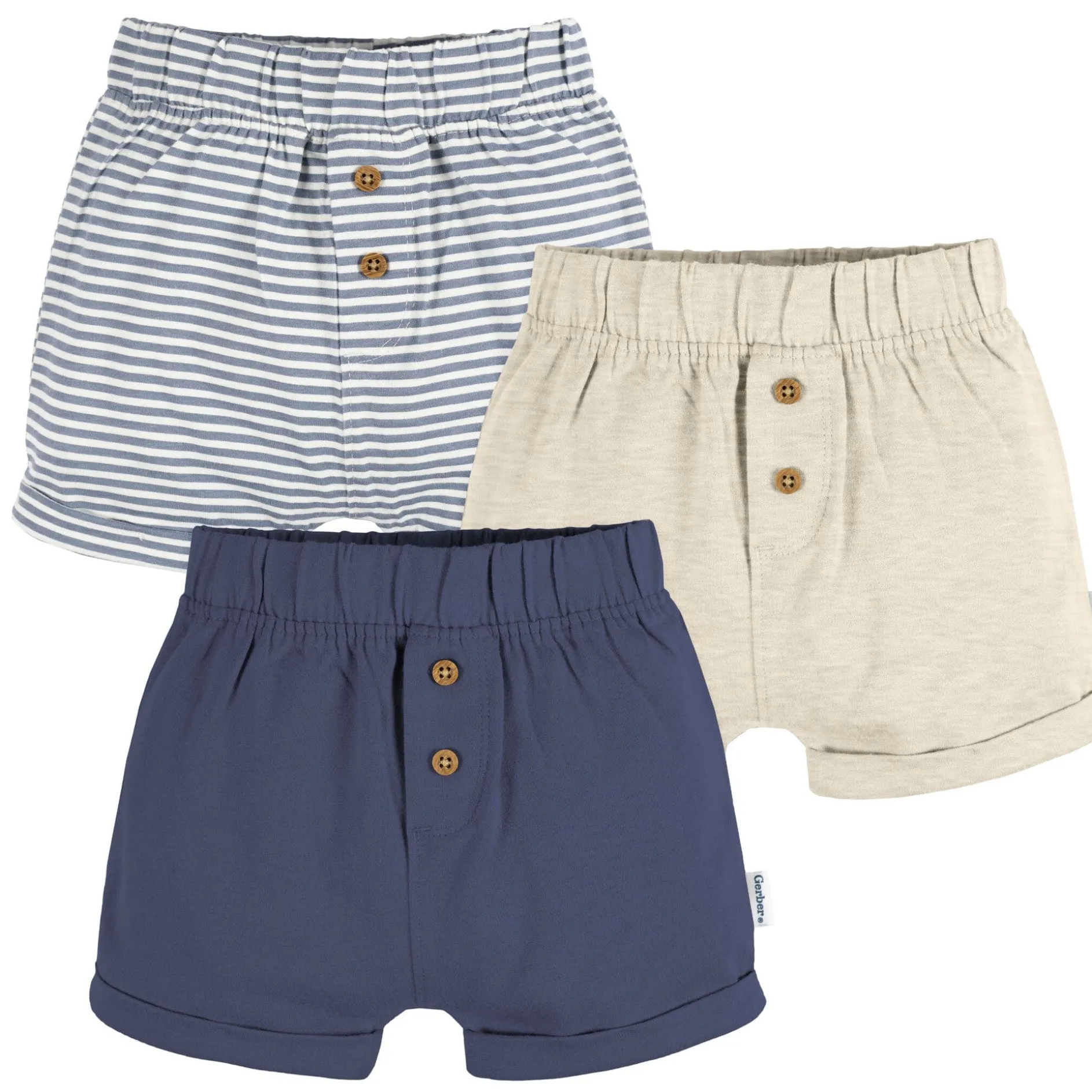 3-Pack Baby Neutral Navy Stripe, Oatmeal, & Navy Knit Shorts
