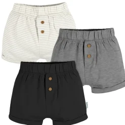 3-Pack Baby Neutral Tan Stripe, Dark Grey Heather, & Black Knit Shorts