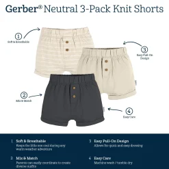 3-Pack Baby Neutral Tan Stripe, Tan, & Grey Knit Shorts