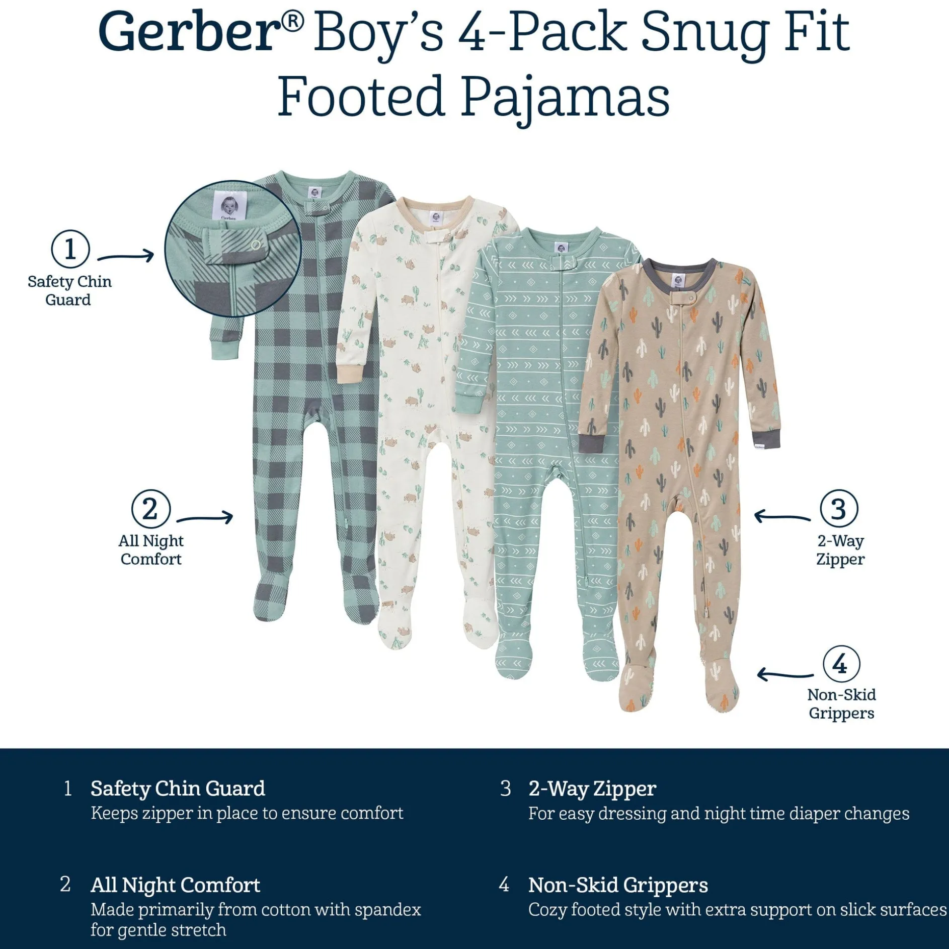 4-Pack Baby & Toddler Boys Desert Animals Snug Fit Footed Pajamas