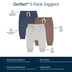 3-Pack Baby & Toddler Boys Stripe, Navy, & Brown Jogger Pants