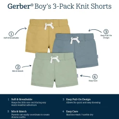 3-Pack Baby & Toddler Boys Tan, Blue, & Green Knit Shorts
