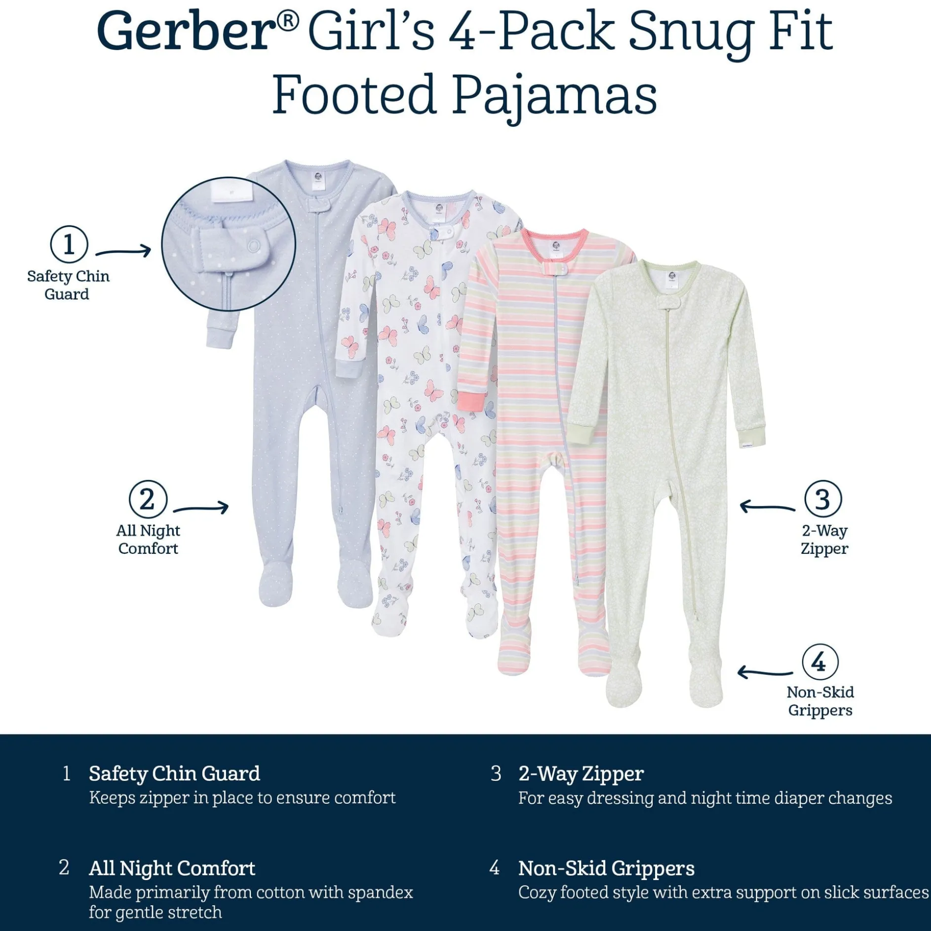 4-Pack Baby & Toddler Girls Butterflies Snug Fit Footed Pajamas