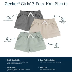 3-Pack Baby & Toddler Girls Dark Grey, Oatmeal, & Green Knit Shorts