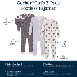 3-Pack Baby & Toddler Girls Hearts Snug Fit Footless Pajamas