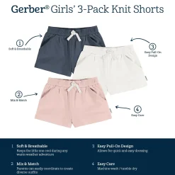 3-Pack Baby & Toddler Girls Navy, White, & Pink Knit Shorts