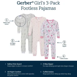 3-Pack Baby & Toddler Girls Woodland Floral Snug Fit Footless Pajamas