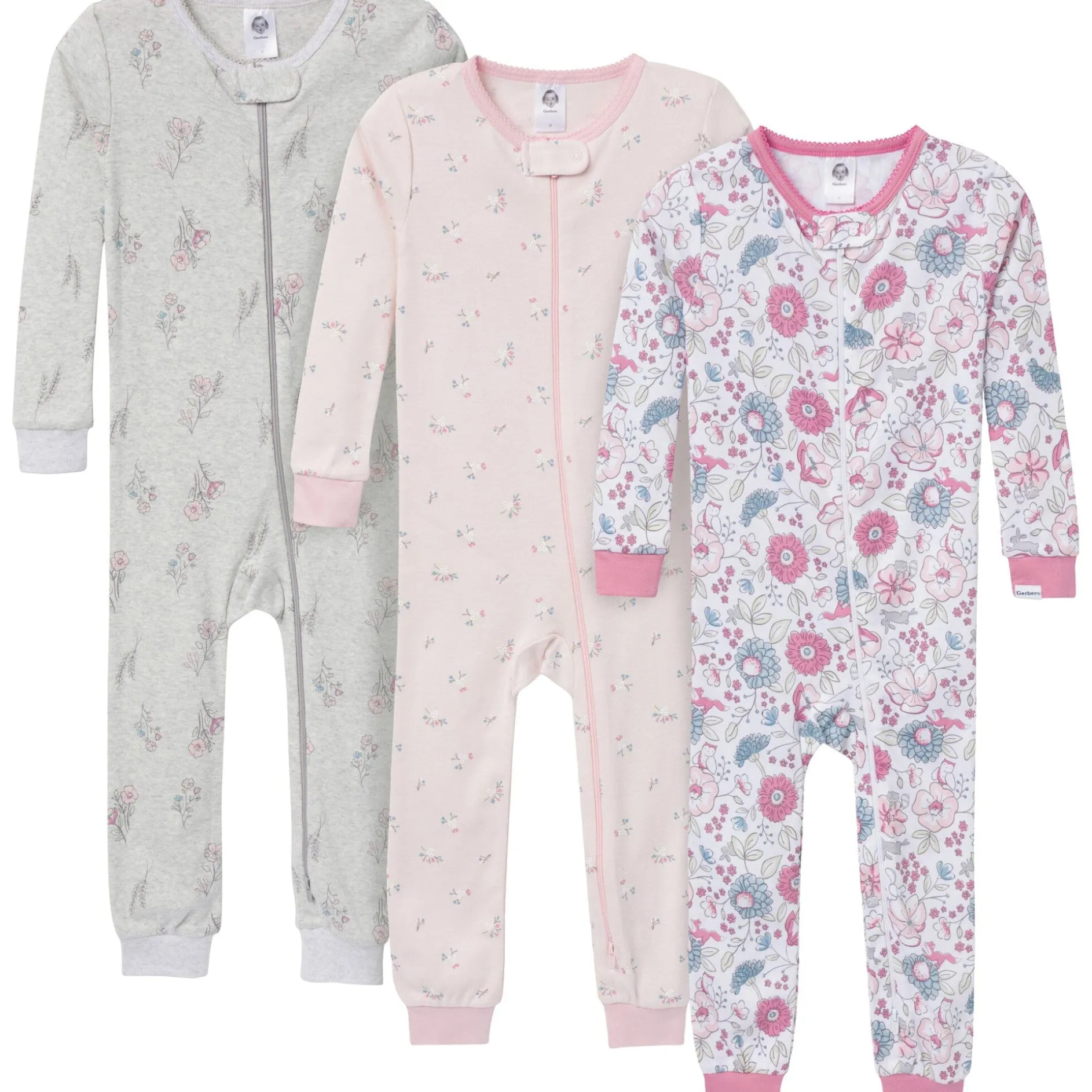 3-Pack Baby & Toddler Girls Woodland Floral Snug Fit Footless Pajamas