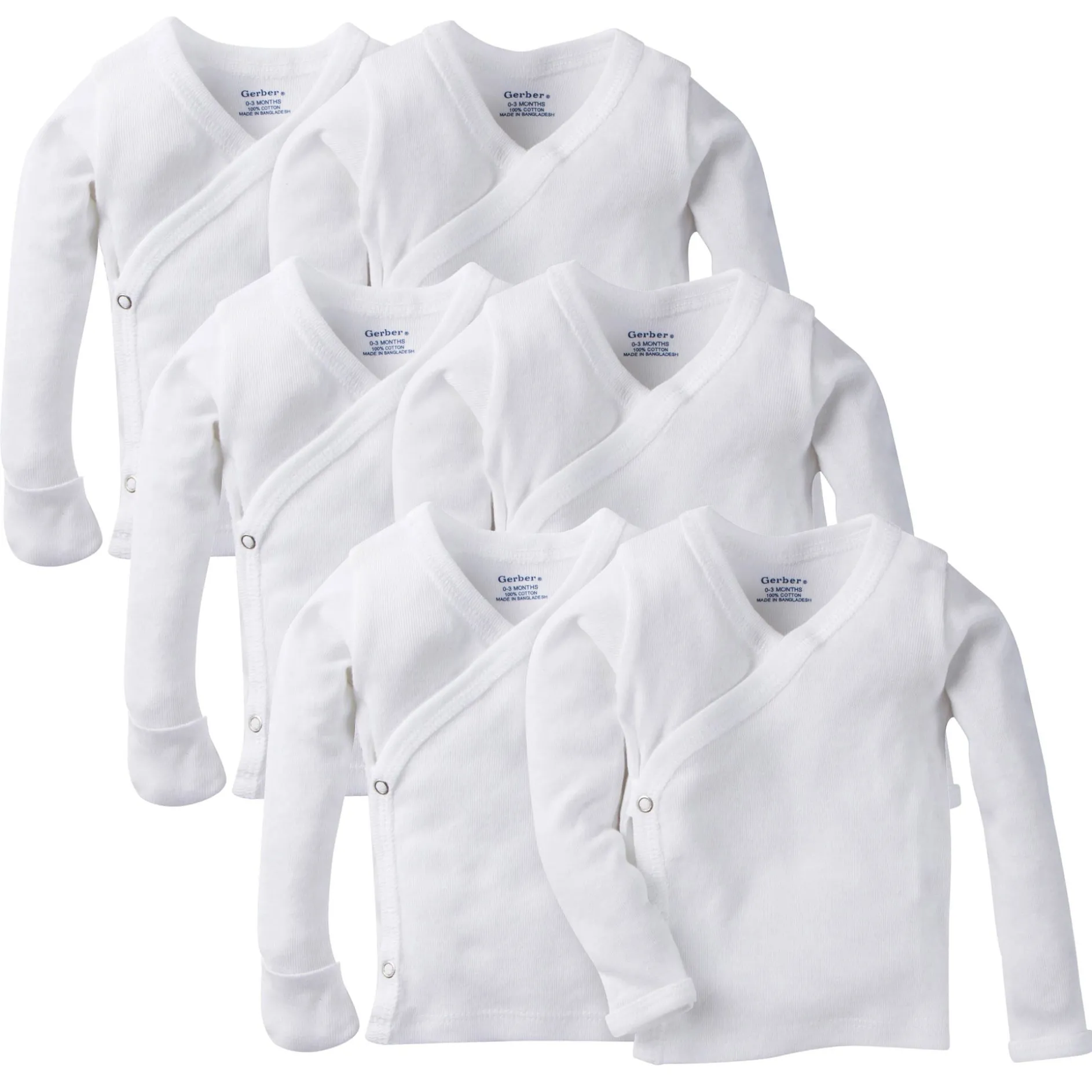 6-Pack Baby White Long-Sleeve Side-Snap Mitten-Cuff Shirts