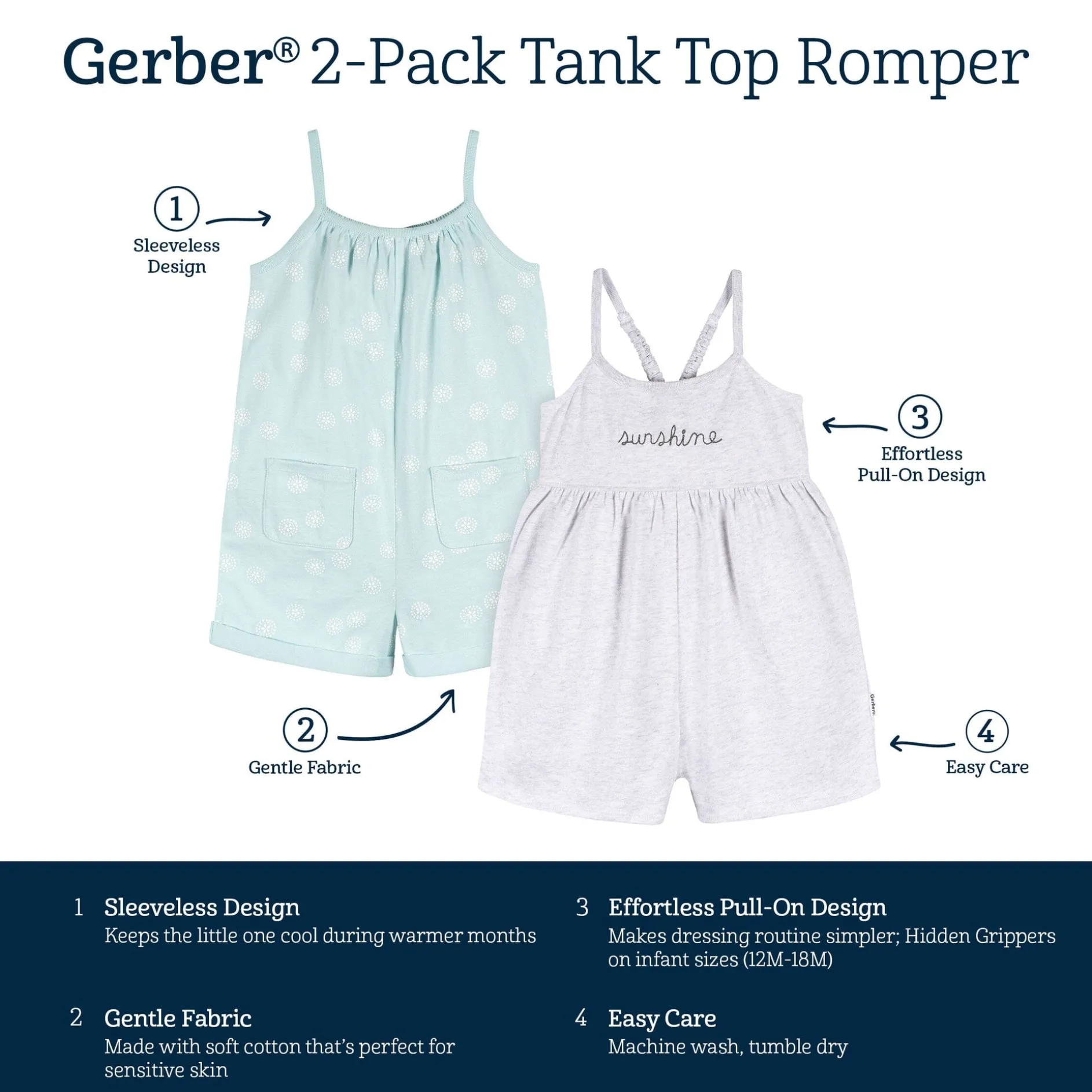 2-Pack Infant and Toddler Girls Light Grey Heather & Sand Dollars Rompers