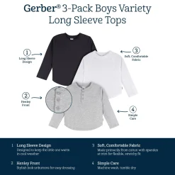 3-Pack Infant & Toddler Boys Black/White/Grey Long Sleeve Shirts