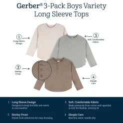 3-Pack Infant & Toddler Boys Green, Brown, & Oatmeal Long Sleeve Shirts