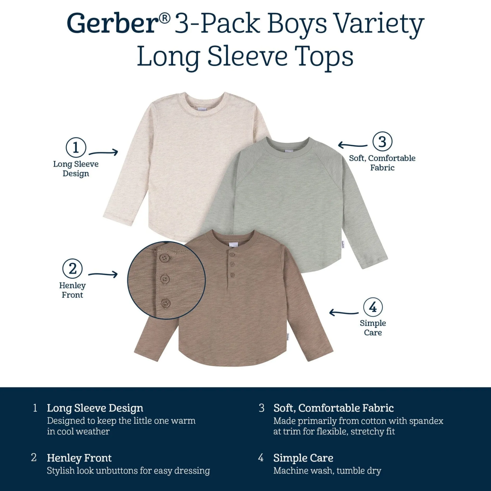 3-Pack Infant & Toddler Boys Green, Brown, & Oatmeal Long Sleeve Shirts