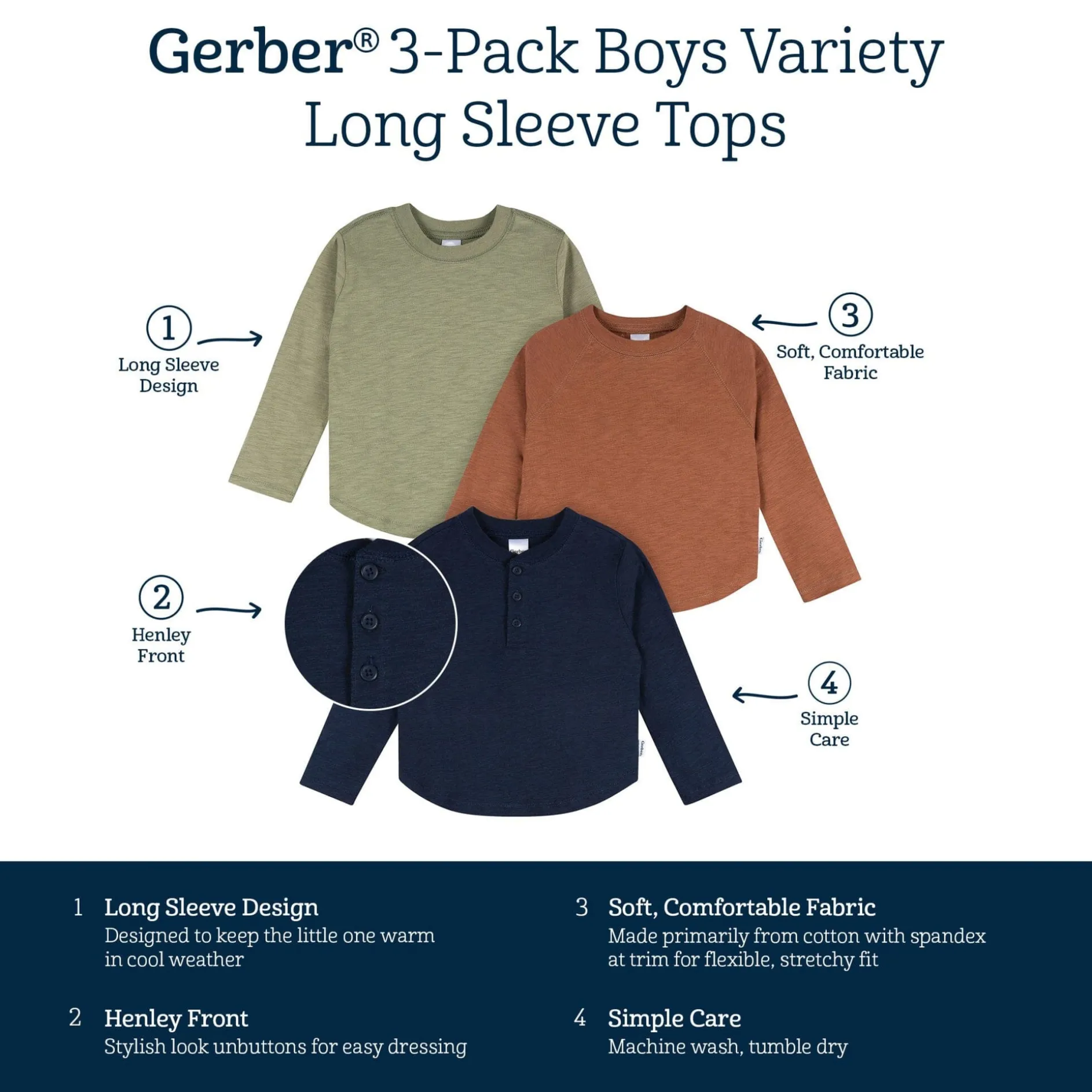 3-Pack Infant & Toddler Boys Green, Brown, & Navy Long Sleeve Shirts