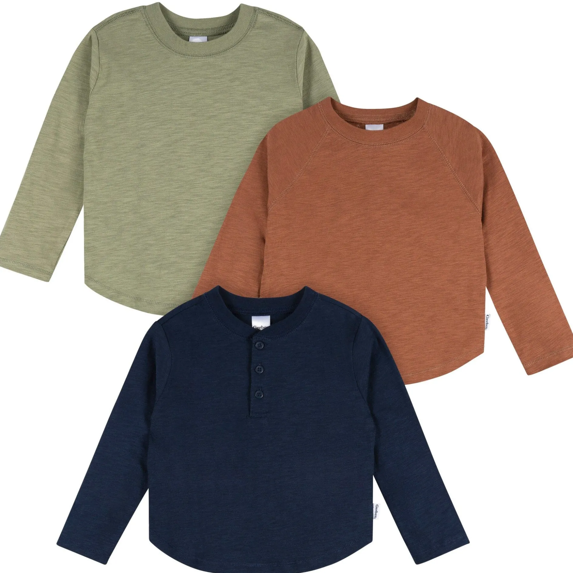 3-Pack Infant & Toddler Boys Green, Brown, & Navy Long Sleeve Shirts