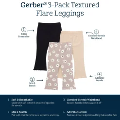 3-Pack Infant & Toddler Girls Brown Flowers, Oatmeal and Black Textured Flare Leggings
