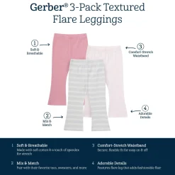 3-Pack Infant & Toddler Girls Gray and Pink Ribbed Flare Leggings