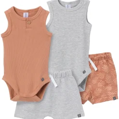 4-Piece Baby Boys Brown/ Med Grey Heather Bodysuit and Short Set