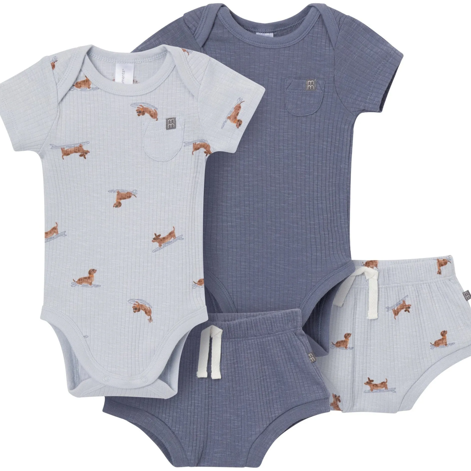 4-Piece Baby Boys Dachshund Surf Short Sleeve Bodysuits and Shorts Set