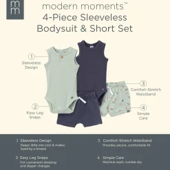 4-Piece Baby Boys Green & Navy Bodysuits and Shorts Set
