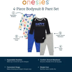 4-Piece Baby Boys Happy Letters Onesies® Bodysuits and Pants