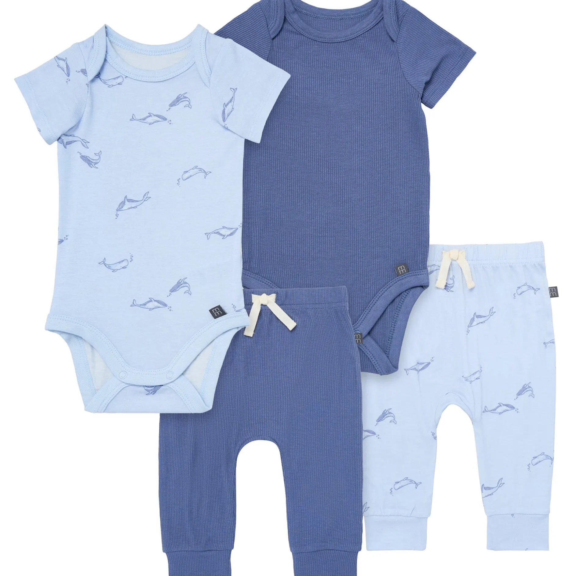 4-Piece Baby Boys Light Blue Whale Viscose Bodysuits and Pants Set