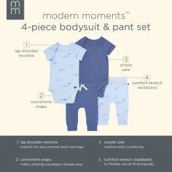 4-Piece Baby Boys Light Blue Whale Viscose Bodysuits and Pants Set