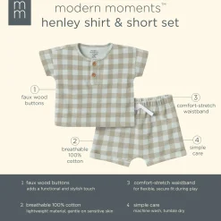 2-Piece Baby Boys Light Sky Gingham Henley Shirt and Shorts Set