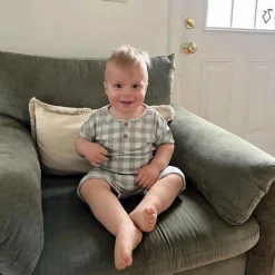 2-Piece Baby Boys Light Sky Gingham Henley Shirt and Shorts Set