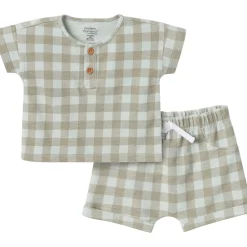 2-Piece Baby Boys Light Sky Gingham Henley Shirt and Shorts Set