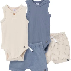 4-Piece Baby Boys Tan & Blue Bodysuits and Shorts Set