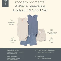 4-Piece Baby Boys Tan & Blue Bodysuits and Shorts Set