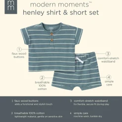 2-Piece Baby Boys Teal Stripe Henley Shirt and Shorts Set