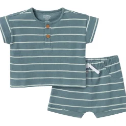 2-Piece Baby Boys Teal Stripe Henley Shirt and Shorts Set