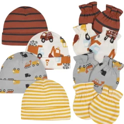 8-Piece Baby Boys Transportation Zone No Scratch Mittens & Caps Set