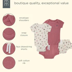 4-Piece Baby Girls Beige Garden Short Sleeve Bodysuits and Shorts Set