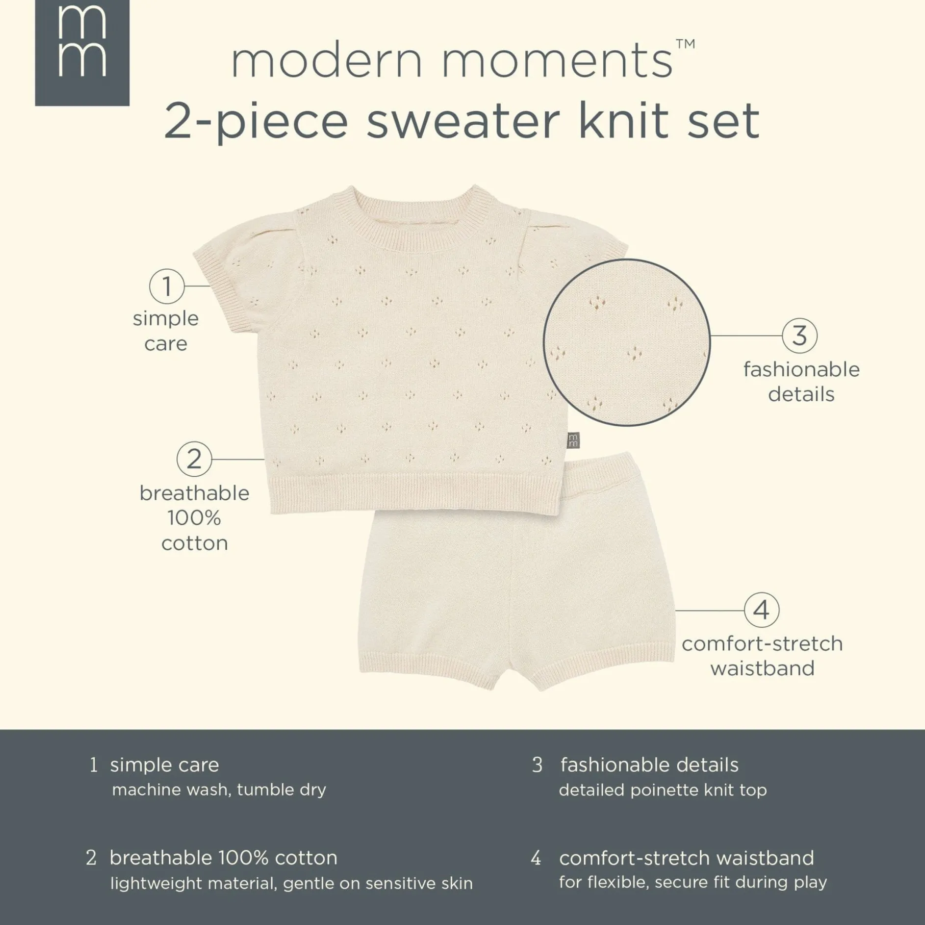 2-Piece Baby Girls Beige Sweater Knit Top and Shorts Set