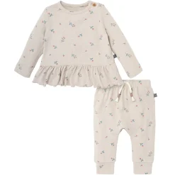 2-Piece Baby Girls Beige Tossed Floral Hacci Peplum Top and Pants