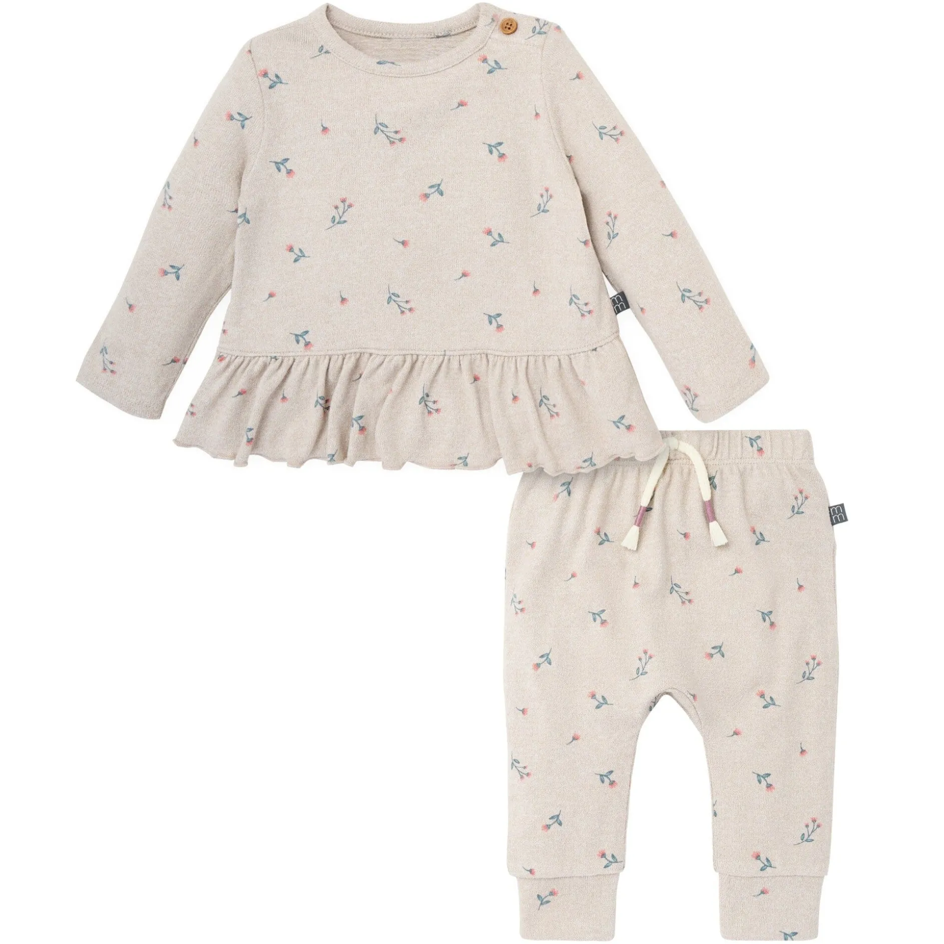 2-Piece Baby Girls Beige Tossed Floral Hacci Peplum Top and Pants