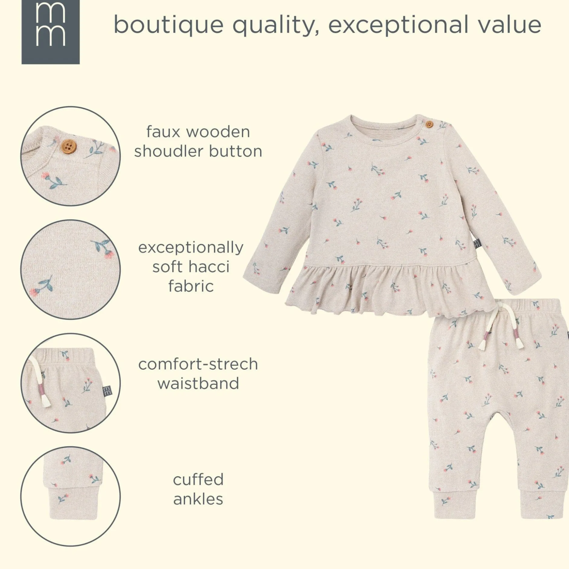 2-Piece Baby Girls Beige Tossed Floral Hacci Peplum Top and Pants