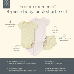 4-Piece Baby Girls Dusty Yellow Floral Short Sleeve Bodysuits and Shorts Set