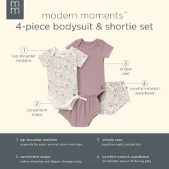 4-Piece Baby Girls Ivory Garden Short Sleeve Bodysuits and Shorts Set