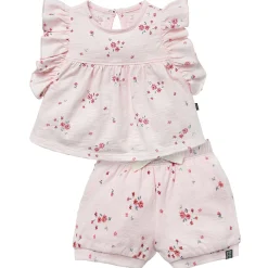 2-Piece Baby Girls Light Pink Floral Ruffled Sleeve Top & Cuffed Shorts Set